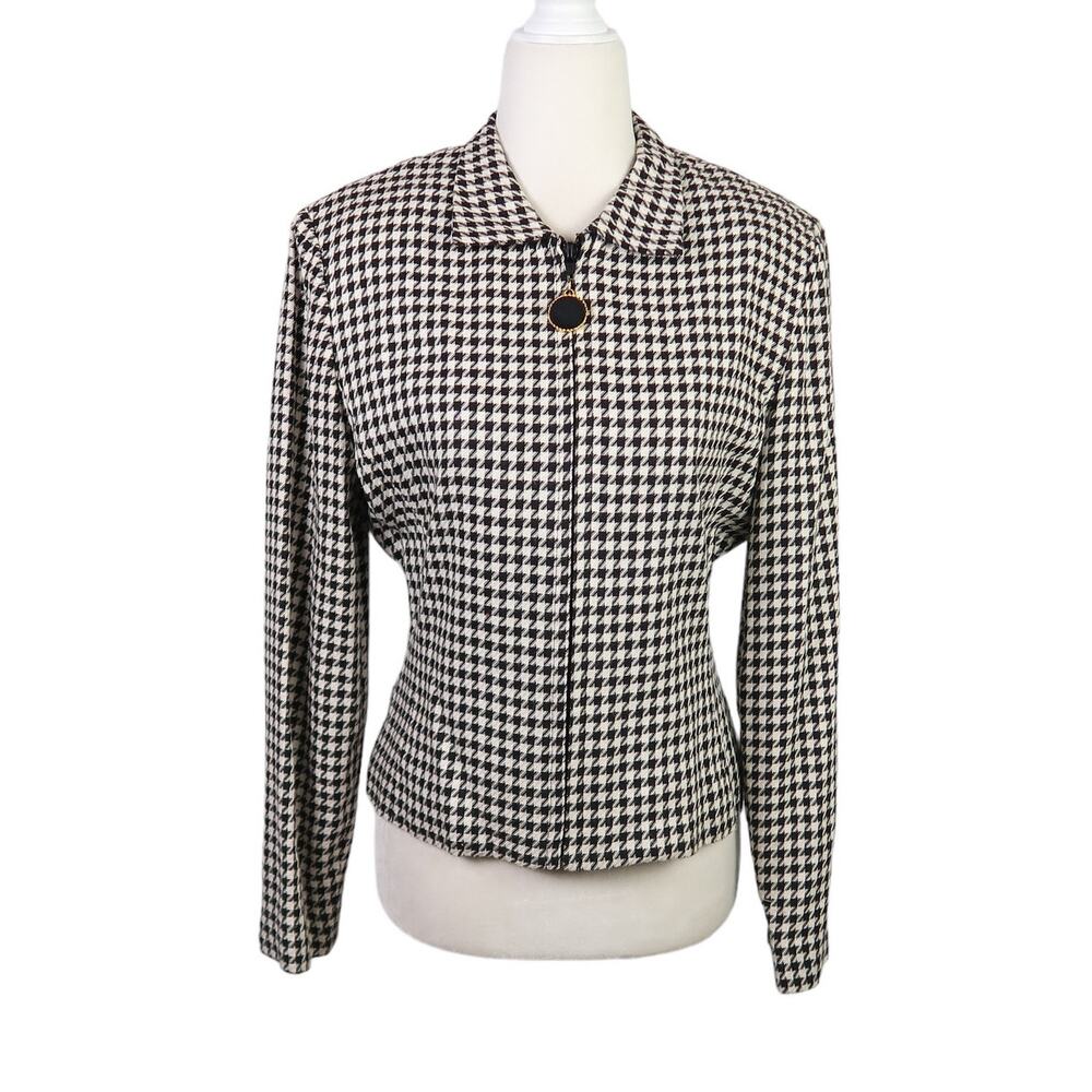 Vintage 90s Bichon cream and brown houndstooth zip front blazer jacket 6